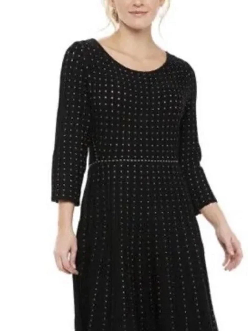 Nina Leonard Black & Blue Contrast Dot Fit & Flare Sweater Dress Sz M